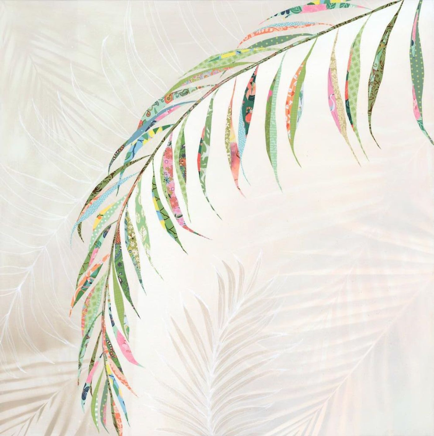 Palm frond collage 'Utopia' — leaflets cut from green and pink patterned papers arc across a cream canvas with white sketched fronds.