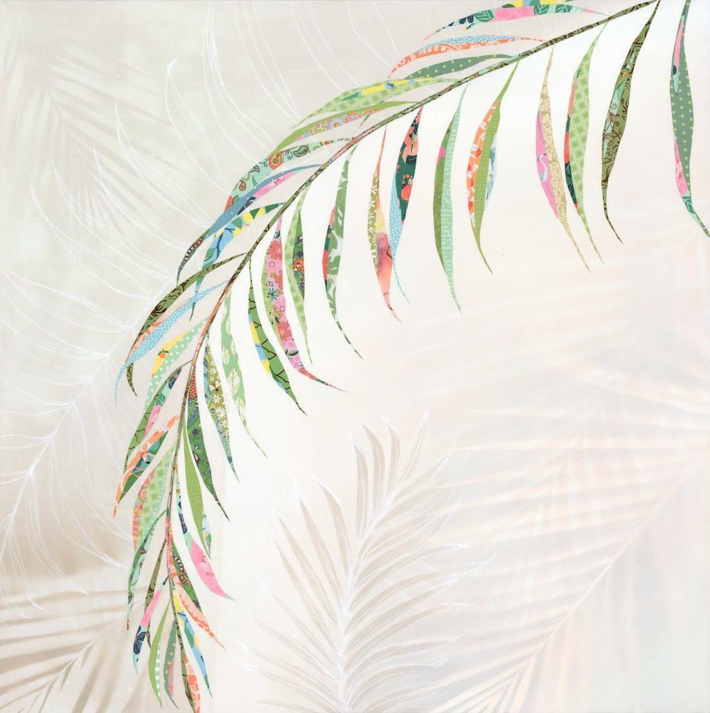 Palm frond collage 'Utopia' — leaflets cut from green and pink patterned papers arc across a cream canvas with white sketched fronds.