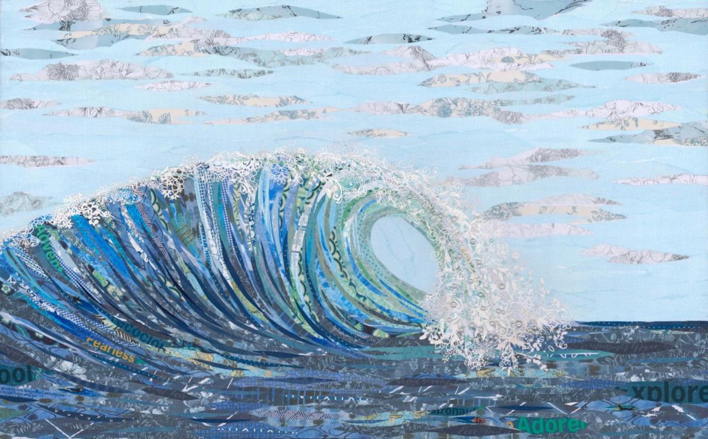 Big Kahuna — a cresting wave in layered cut papers, blues and greens, lacy white sea foam and hidden words tucked into the water
