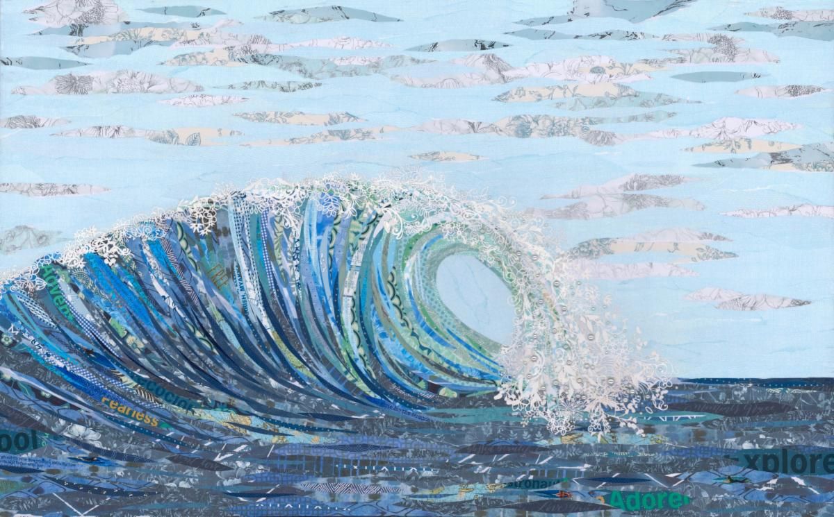 Big Kahuna — a cresting wave in layered cut papers, blues and greens, lacy white sea foam and hidden words tucked into the water