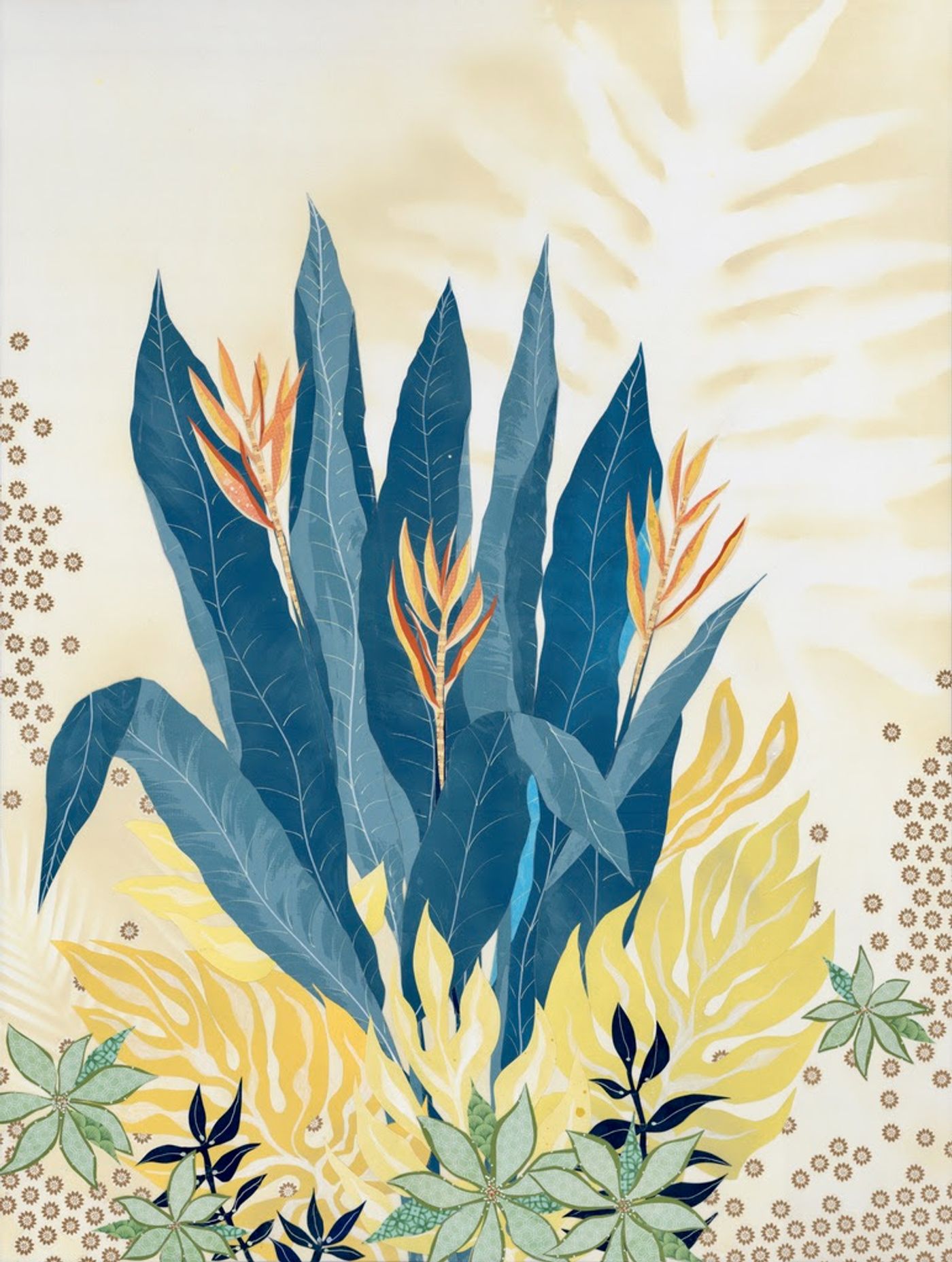 Wild Blue Yonder: tall blue leaves and orange heliconia blooms rising from a bed of yellow monstera