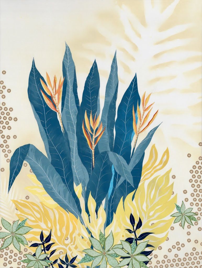 Wild Blue Yonder: tall blue leaves and orange heliconia blooms rising from a bed of yellow monstera