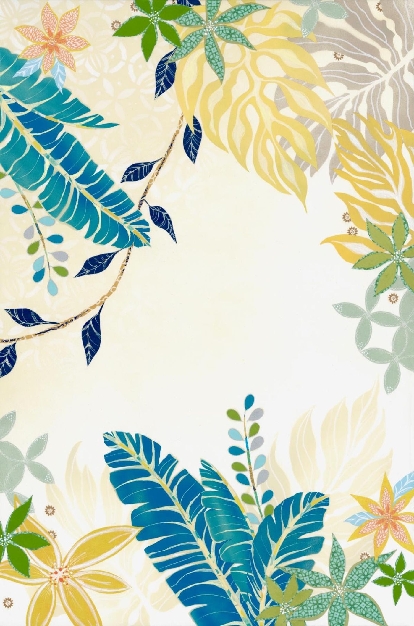 Jungle Boogie: collage of golden monstera leaves, teal banana leaves, and a navy leaf vine on a warm cream ground