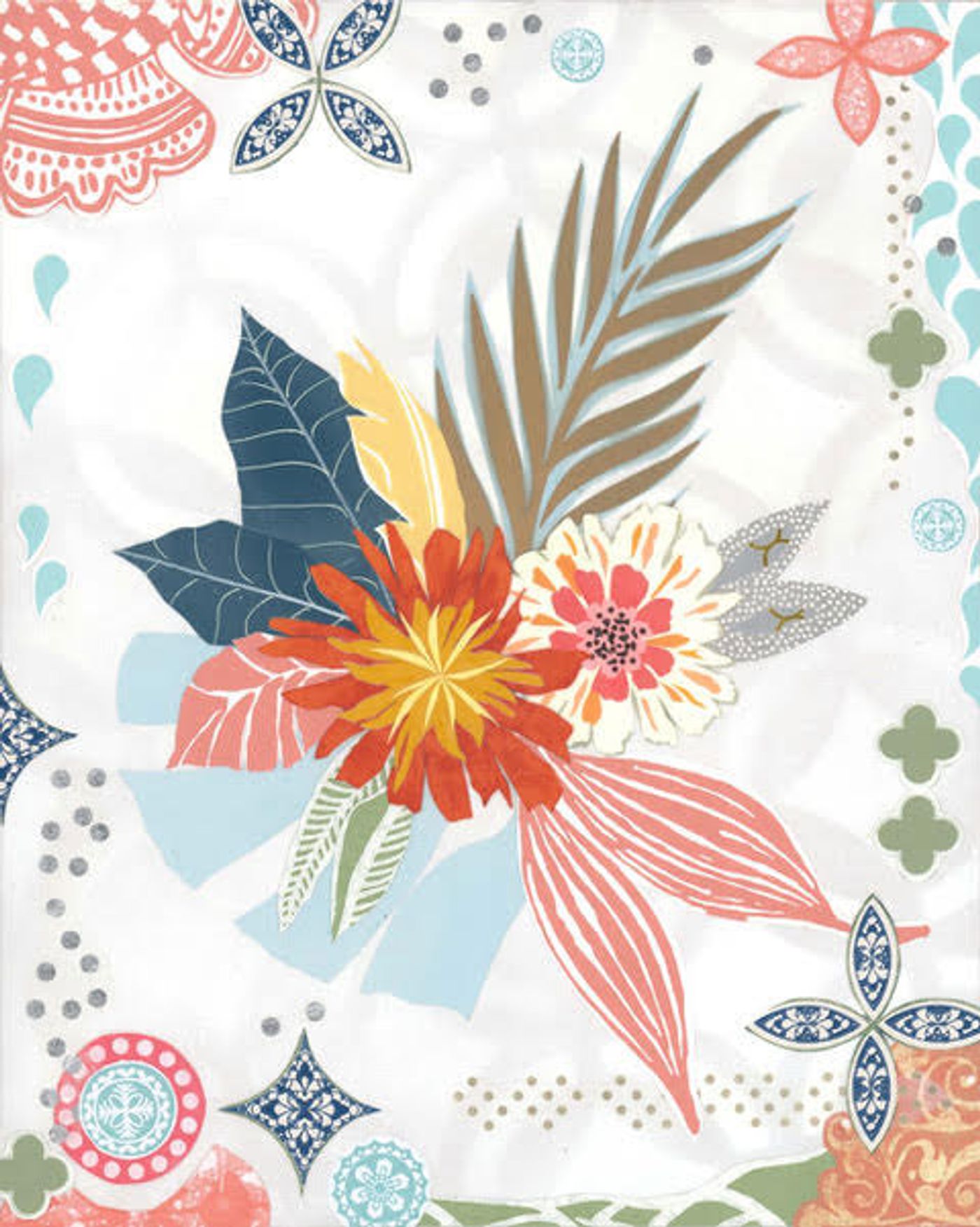 Rosey Posey — layered paper collage of an orange dahlia and cream bloom with navy, blush, and tan leaves ringed by patterned medallions