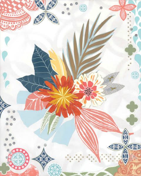 Rosey Posey — layered paper collage of an orange dahlia and cream bloom with navy, blush, and tan leaves ringed by patterned medallions