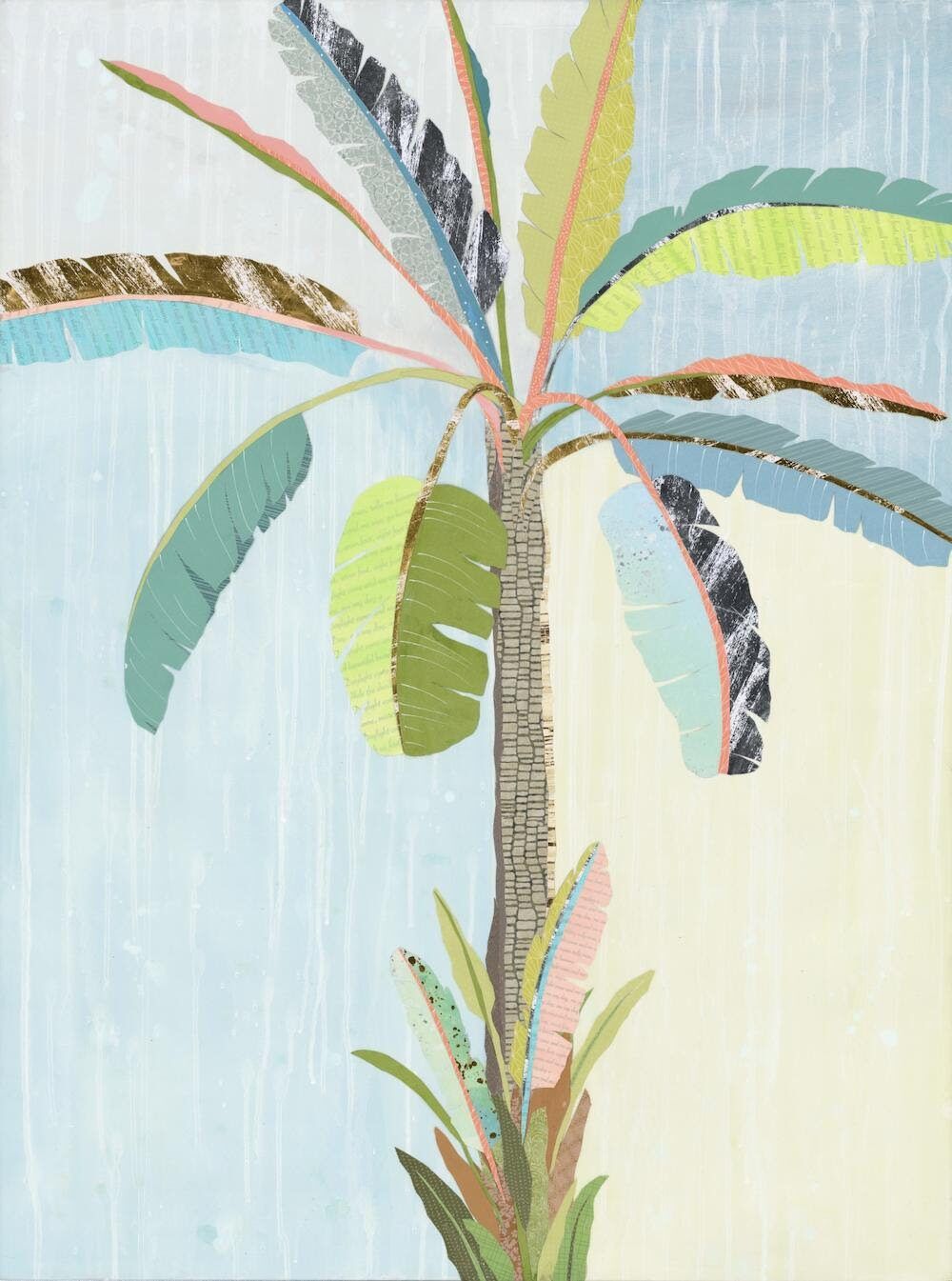 Wide tropical collage of layered cut-paper palm and banana leaves in navy, teal, and mint with coral blooms on a pale ground