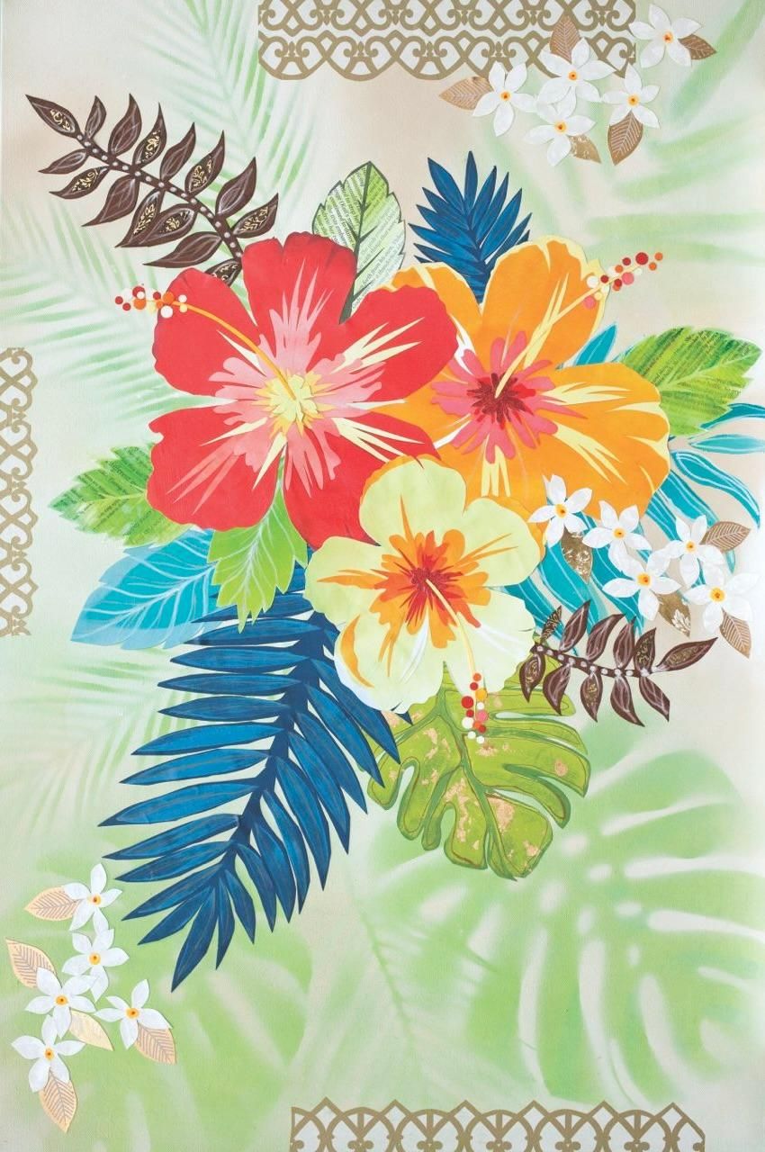 Kali Ma, a red, orange and yellow hibiscus collage with blue ferns, white jasmine and gold lattice borders on pale green