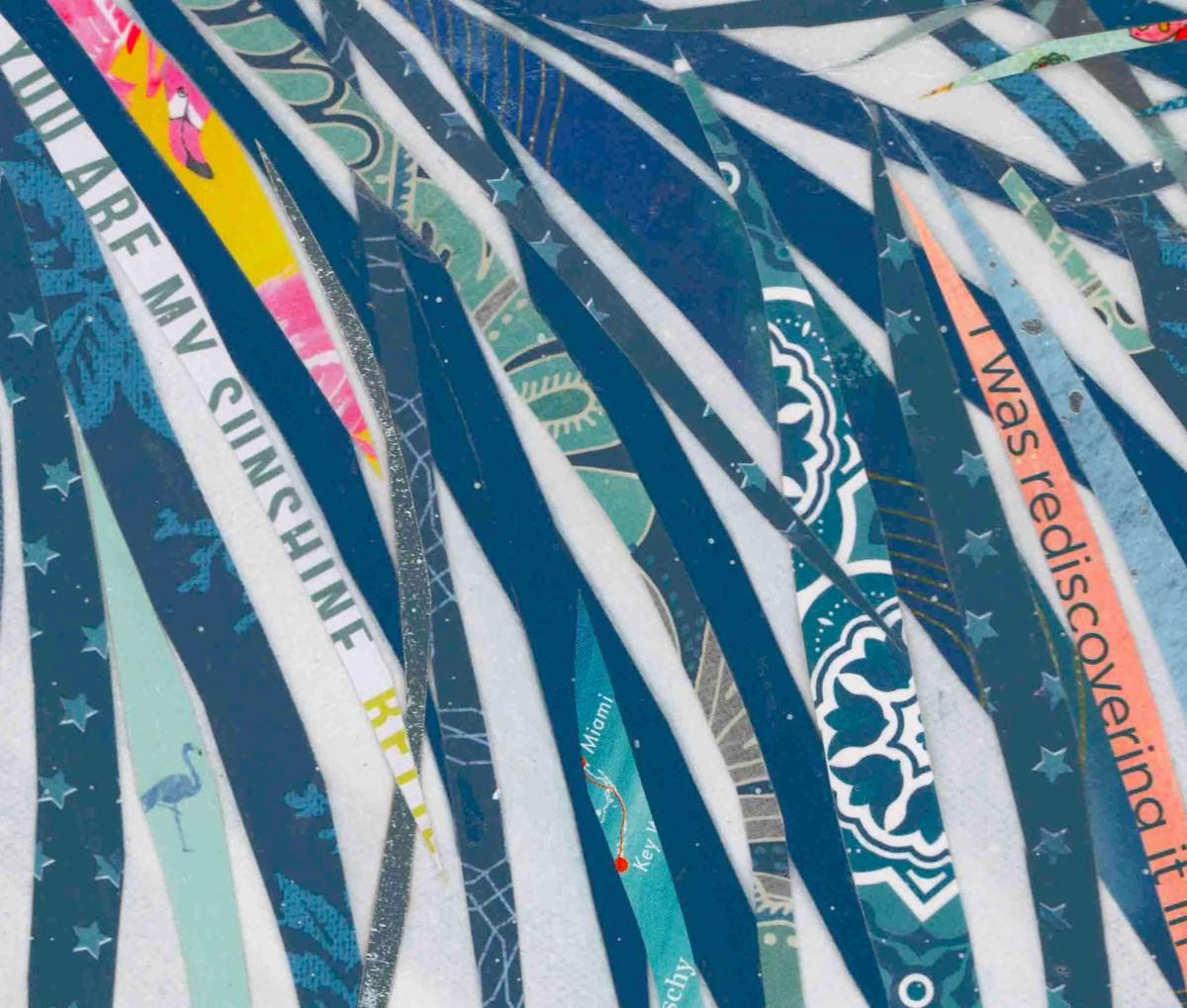 Detail of Best Fronds Forever — navy paper fronds hiding the words 'you are my sunshine' and a tiny flamingo