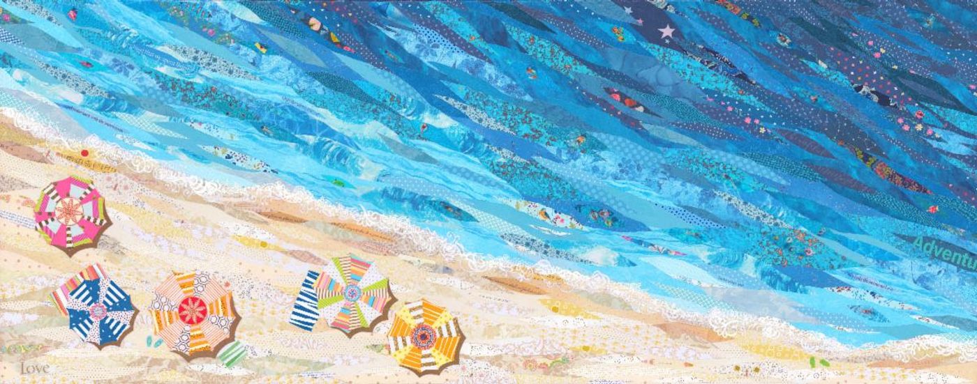 Long horizontal collage of a paper-pieced sea in deep blues meeting pale sand, five patterned beach umbrellas along the shore.