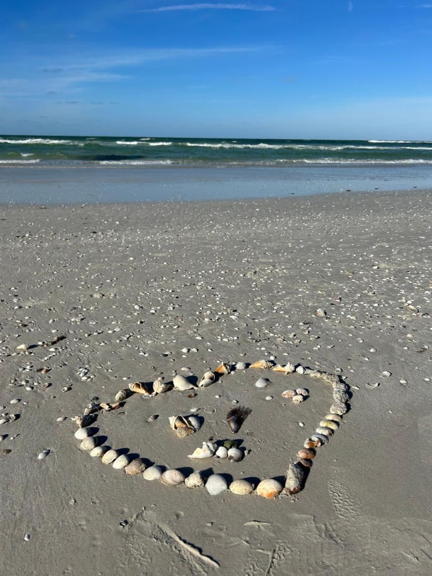 A heart outlined in collected seashells on the beach, waves and blue sky behind