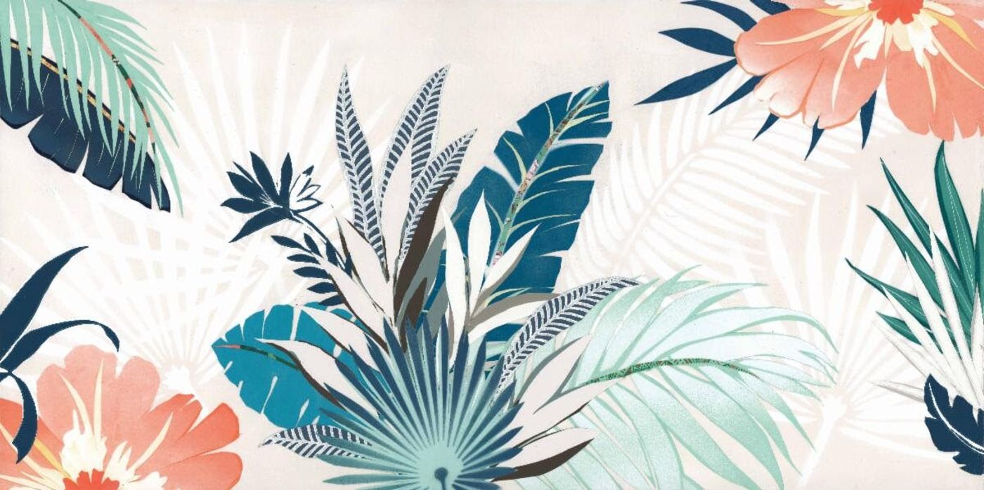 Find Me Under the Palms collage: mint, teal and navy palm leaves with coral hibiscus blooms on a soft cream ground