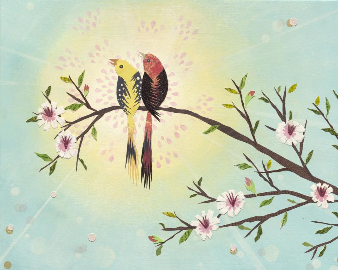 Shine the Heart collage: two paper birds side by side on a blossoming branch, a glowing halo of light behind them on soft aqua