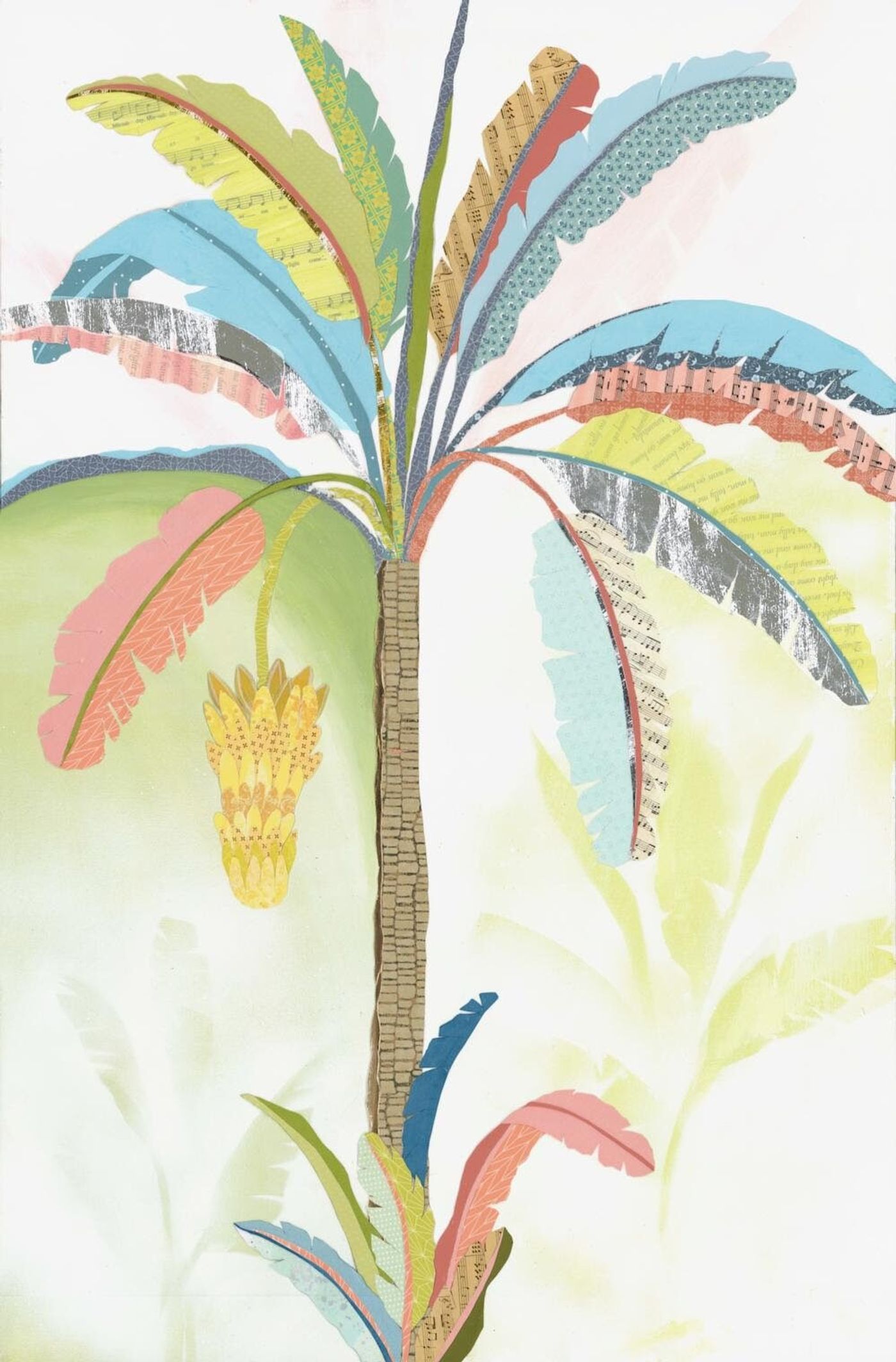 Cut-paper banana palm with sheet-music leaves in blues, corals, and greens, a yellow banana bunch hanging from its patterned trunk