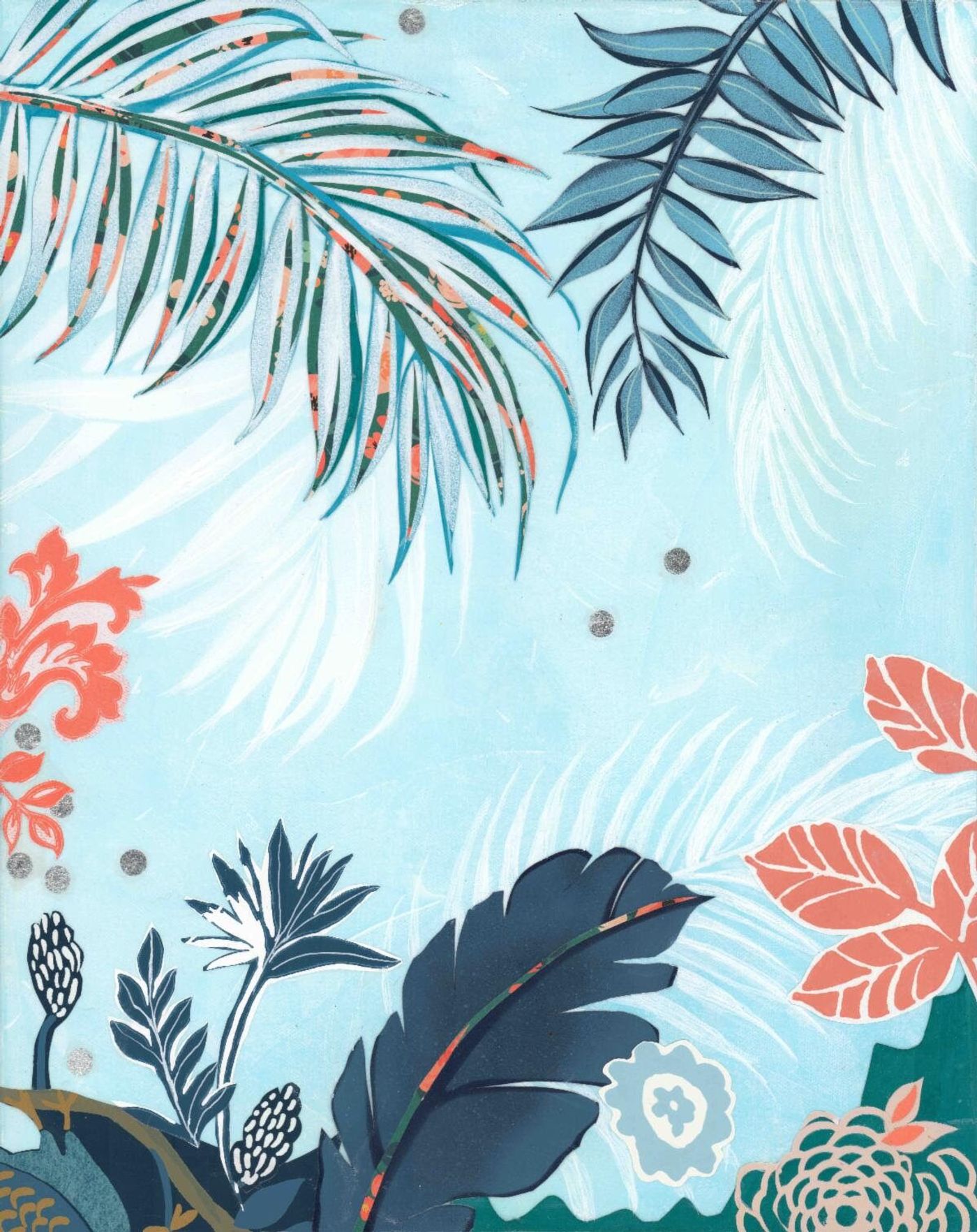 Blue Lagoon collage: teal and floral-patterned palm fronds, coral leaves and a navy banana leaf layered over a pale aqua sky