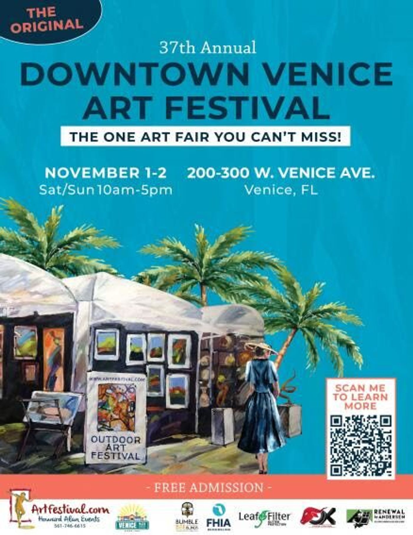 37th Annual Downtown Venice Art Festival poster, Nov. 1-2, with a painting of white art-fair tents under palm trees