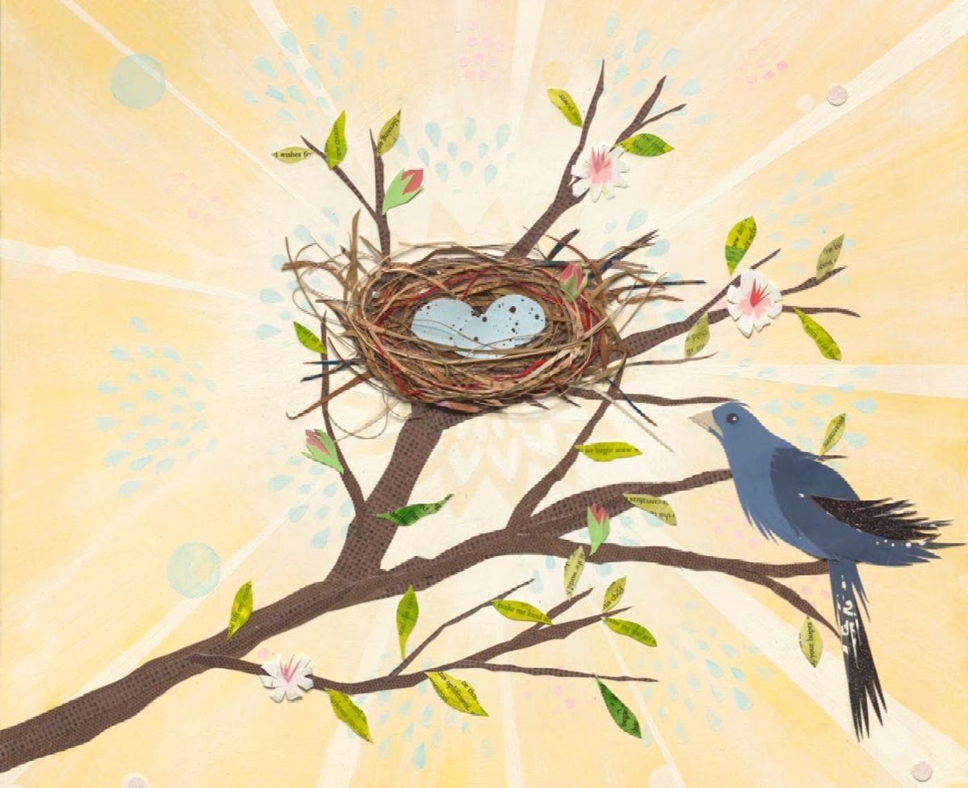 Love is Real collage: a paper bluebird beside a nest where speckled blue eggs form a heart, warm sunburst behind