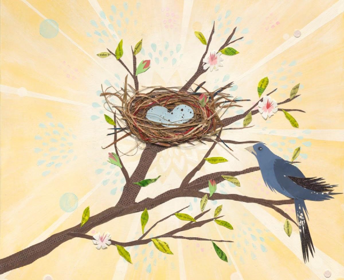 Love is Real collage: a paper bluebird beside a nest where speckled blue eggs form a heart, warm sunburst behind