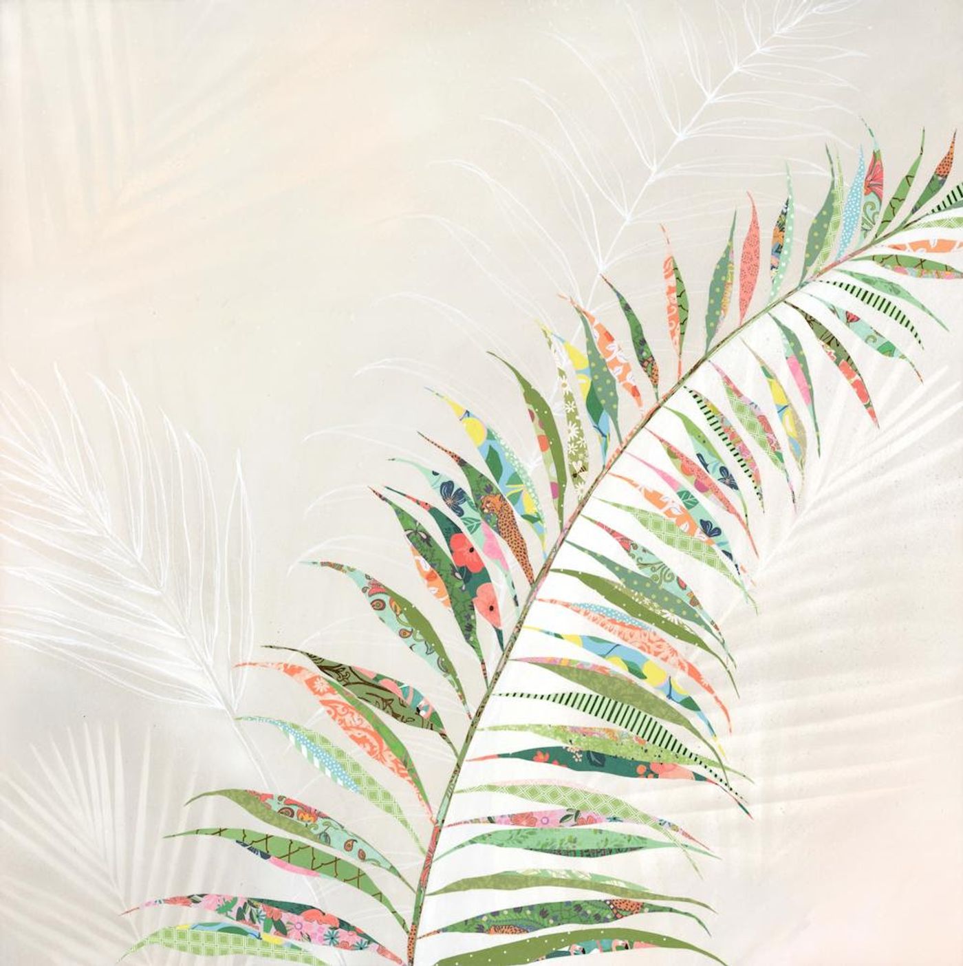 Palm frond collage 'Eden' — patterned-paper leaflets in soft greens and corals curve up a blush-cream canvas with sketched white fronds.