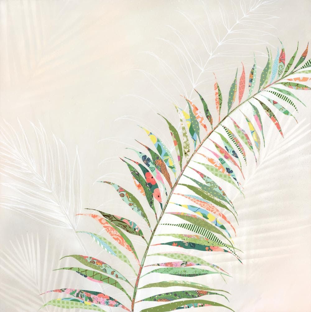 Palm frond collage 'Eden' — patterned-paper leaflets in soft greens and corals curve up a blush-cream canvas with sketched white fronds.