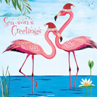 'Sea-son's Greetings' graphic — two collaged pink flamingos in glittery Santa hats wading past a white lily.