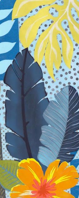 Force of Nature collage: layered navy and slate banana leaves with a yellow monstera and orange bloom on pale dotted blue