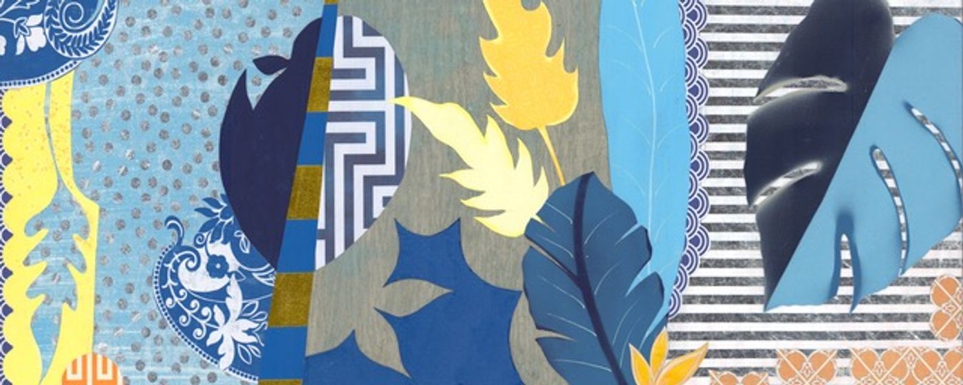 Back to Nature collage: a wide composition of blue and yellow leaves drifting across striped, dotted and patterned papers