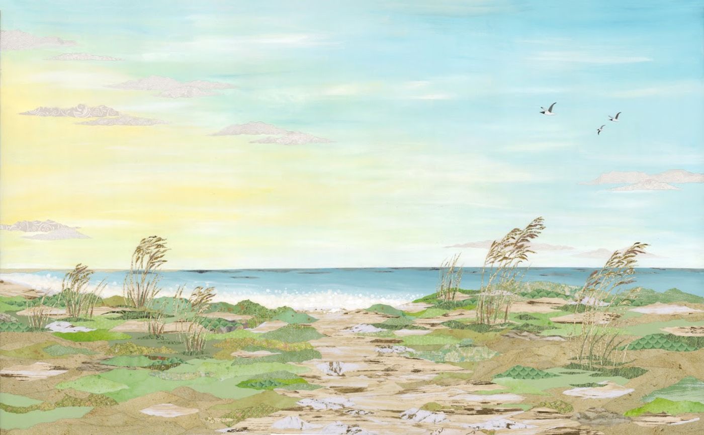Brand New Dawn: a soft-palette collage of a beach path through the dunes, sea oats bending in the breeze