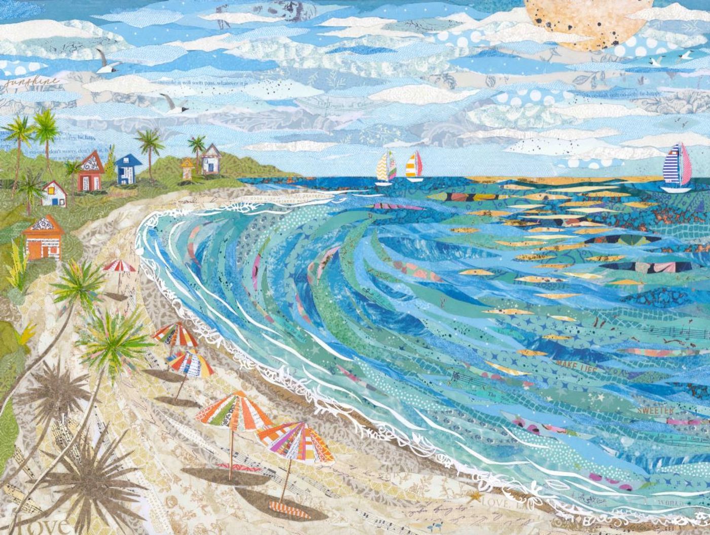 "Sunny Days" collage — a curling turquoise wave rolls toward a beach of striped paper umbrellas, palms, cottages and sailboats