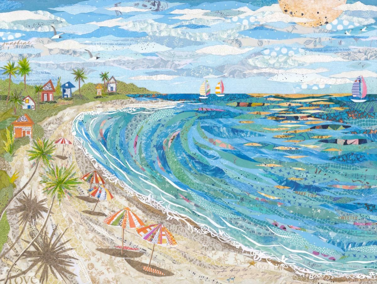 "Sunny Days" collage — a curling turquoise wave rolls toward a beach of striped paper umbrellas, palms, cottages and sailboats
