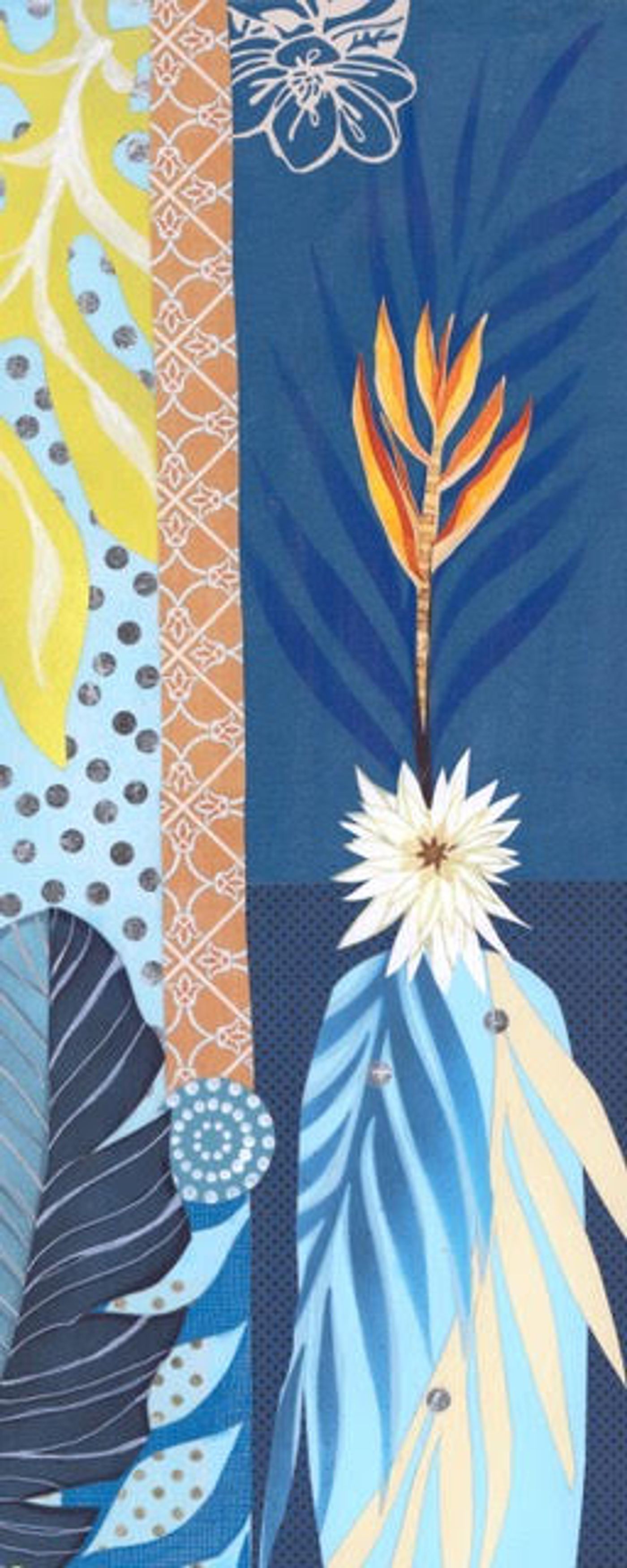 Better Nature collage: an orange bird-of-paradise and white starburst bloom rising over indigo panels and pale blue fronds