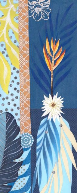 Better Nature collage: an orange bird-of-paradise and white starburst bloom rising over indigo panels and pale blue fronds