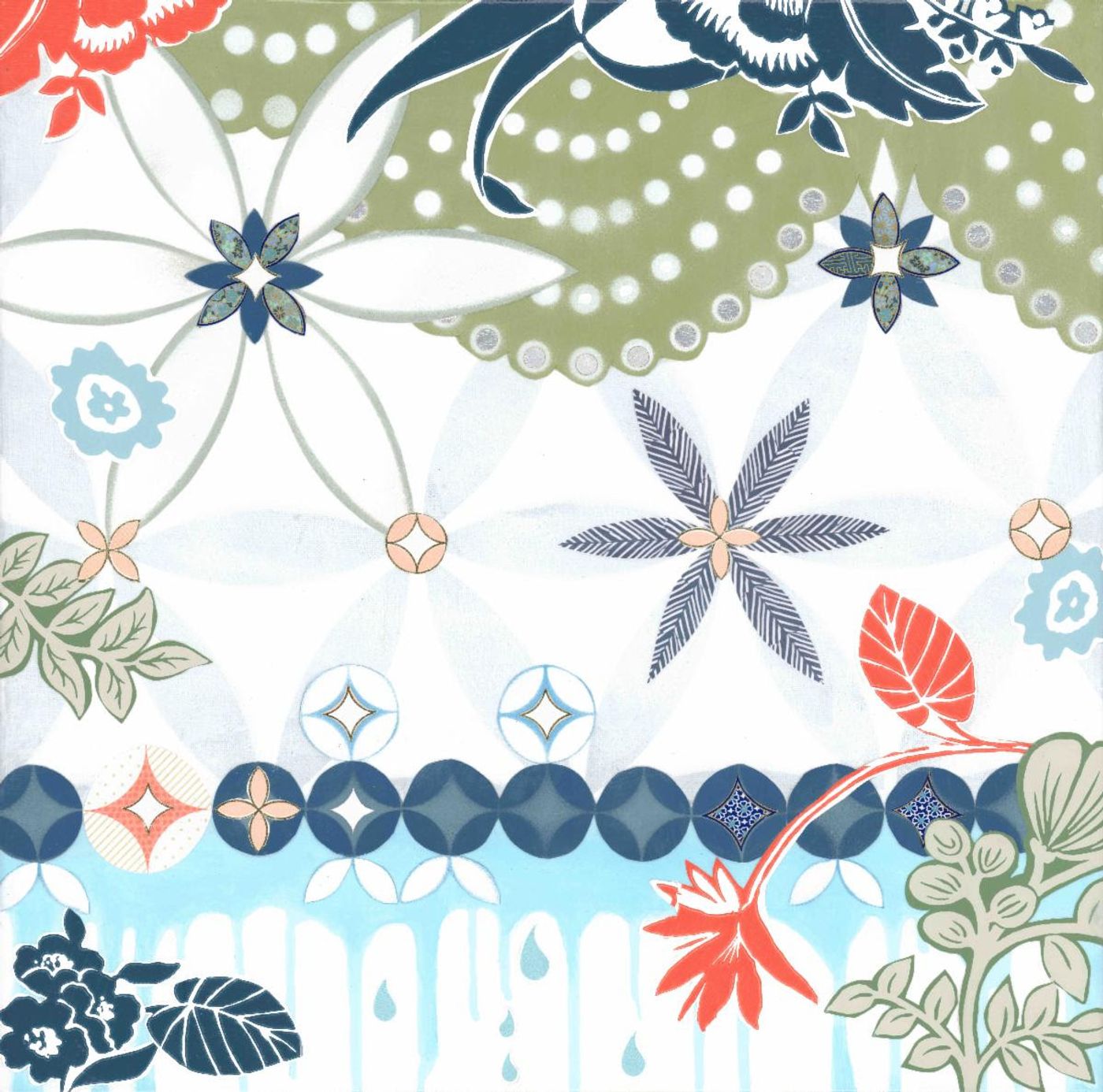 Walk on the Wild Side — square collage with an olive scalloped edge, navy blossoms and a band of deep blue circles