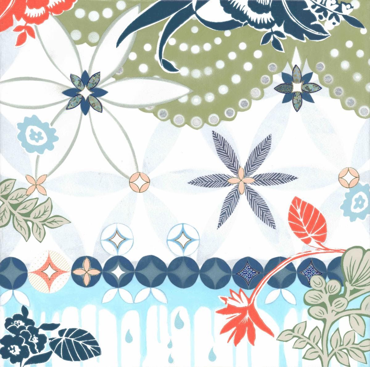 Walk on the Wild Side — square collage with an olive scalloped edge, navy blossoms and a band of deep blue circles