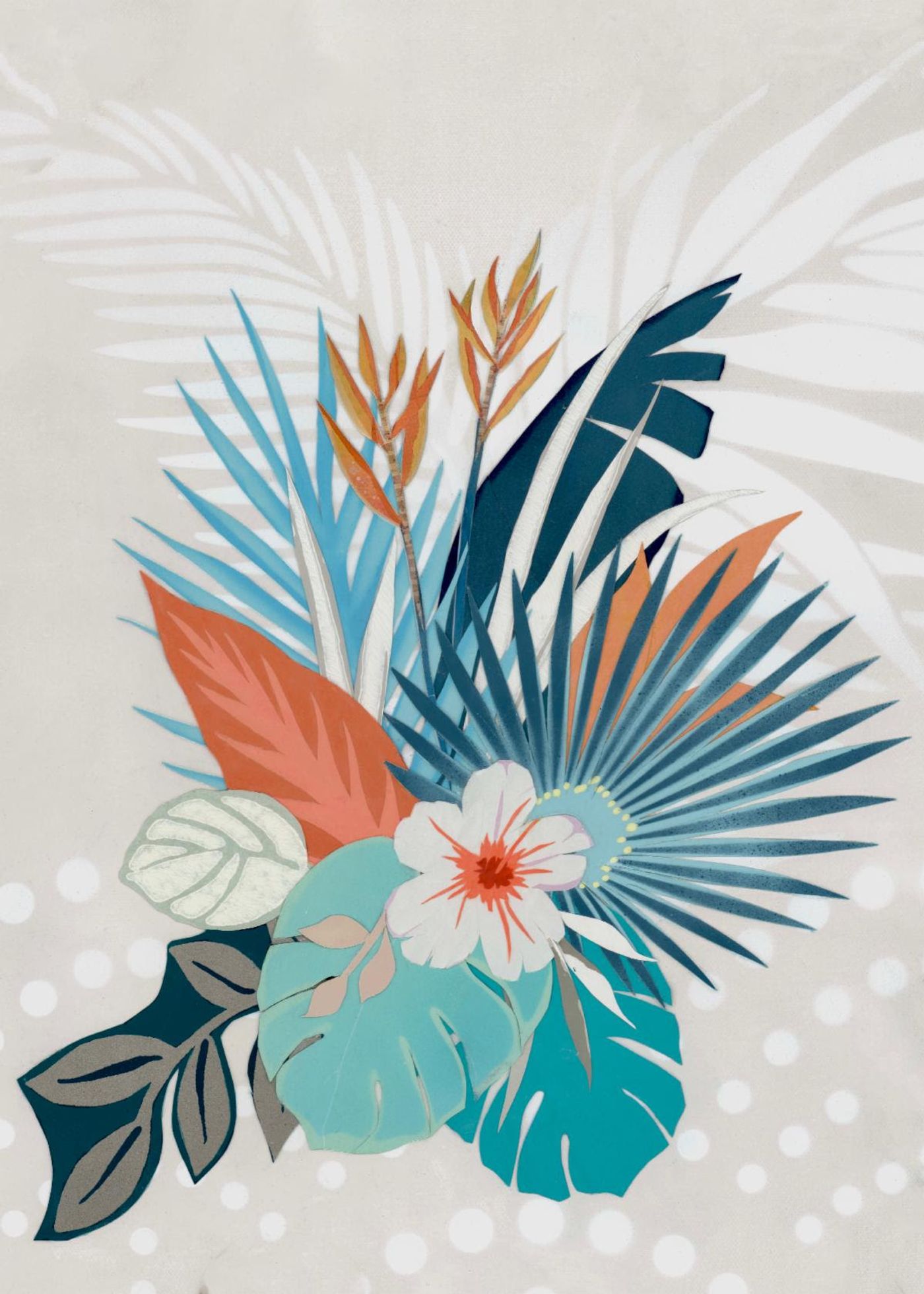 Oh So Fresh — layered paper collage of navy and turquoise palm fronds, coral leaves, and a white hibiscus on a soft cream ground