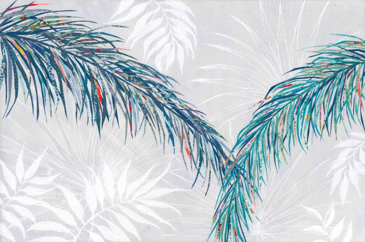 Best Fronds Forever — two navy and teal cut-paper palm fronds arching to touch over a pale gray sky of white fronds
