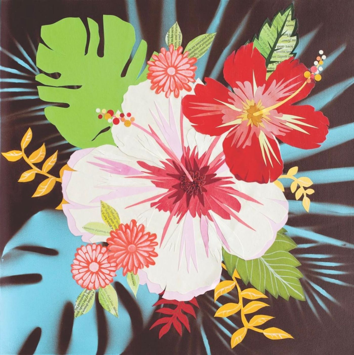 Pocket Full of Posies, a white and red hibiscus collage with coral posies on a dark brown ground with turquoise palm shadows