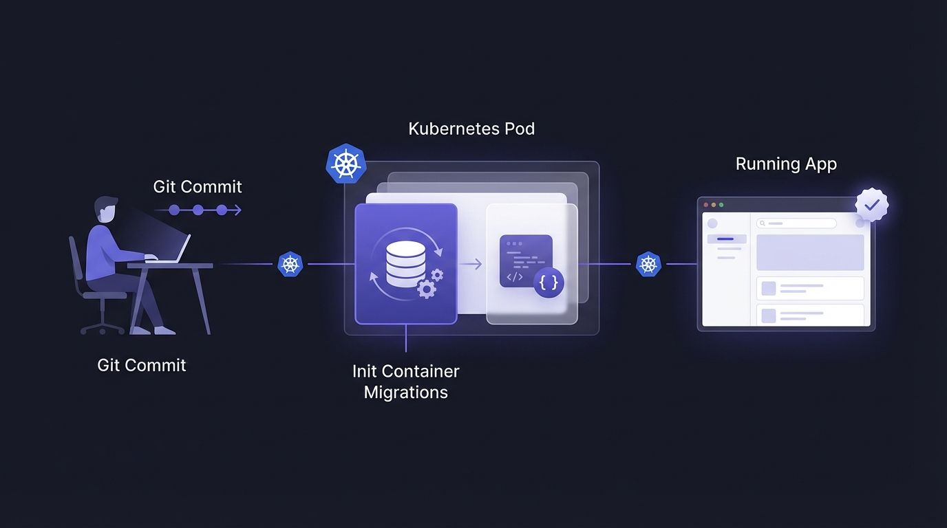 Diagram of FluxNow running database migrations via Kubernetes init containers before application startup