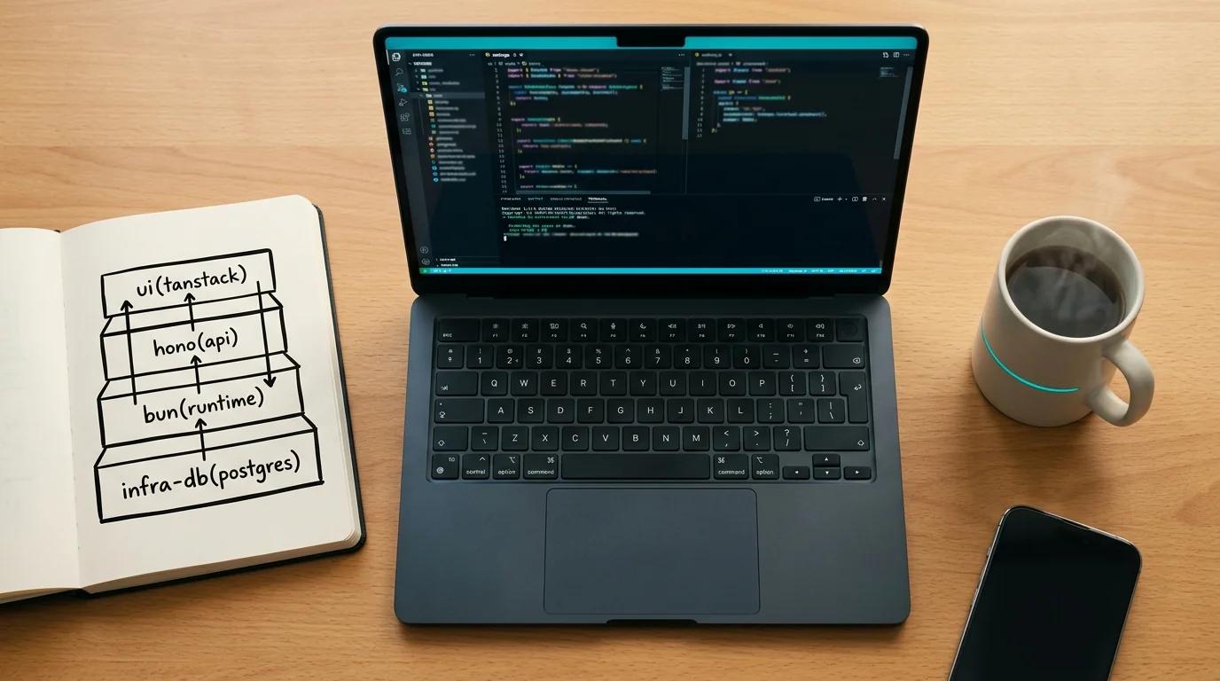 Top-down photograph of a developer's desk: an open MacBook with a code editor, a ceramic mug, a face-down phone, and an open notebook with a hand-drawn four-layer architecture diagram — ui (TanStack), Hono (API), Bun (runtime), infra/db (Postgres) — with vertical arrows running through the layers.