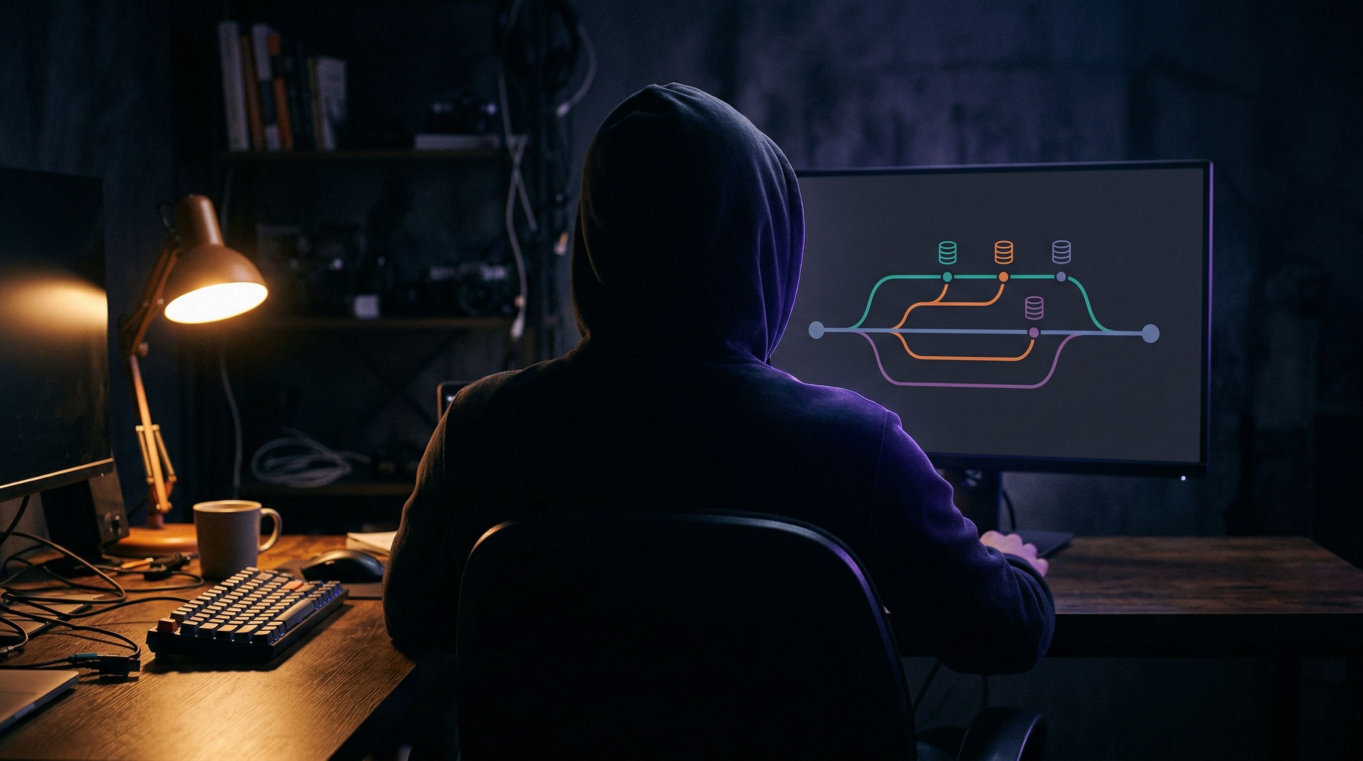 A developer working late at night, silhouetted against a monitor showing a branching database diagram