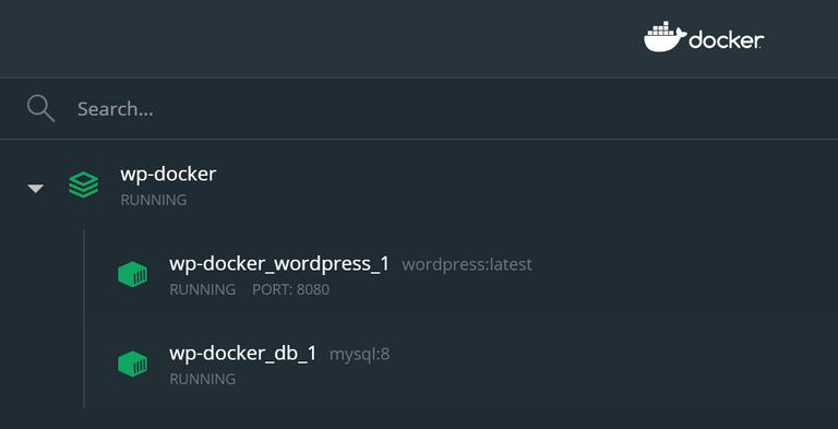 Docker Desktop kjører Wordpress og MySQL (skjermbilde).