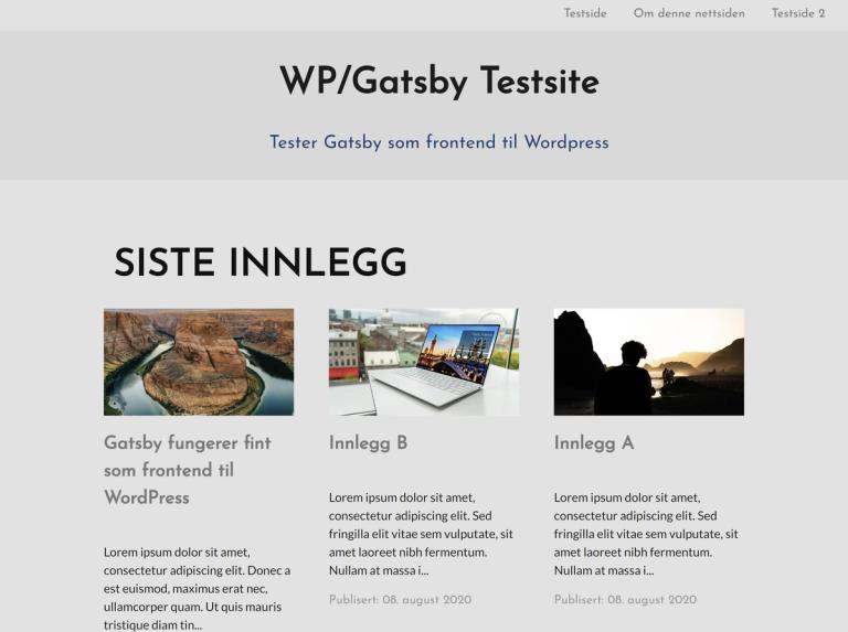 Skjermbilde som viser WP/Gatsby-nettsiden med siste innlegg. 