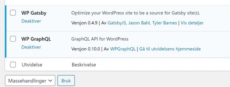 Skjermbilde viser at plugins for GraphQL er installert i Wordpress.