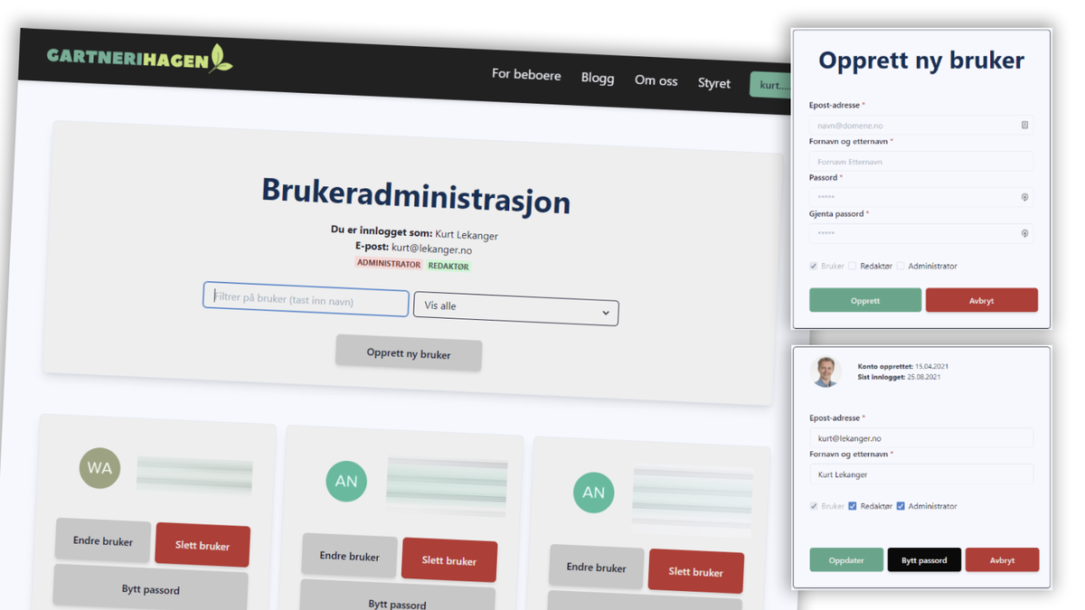 Skjermbilde som viser brukeradmin-dashbord for nettsidene til Boligsameiet Gartnerihagen.