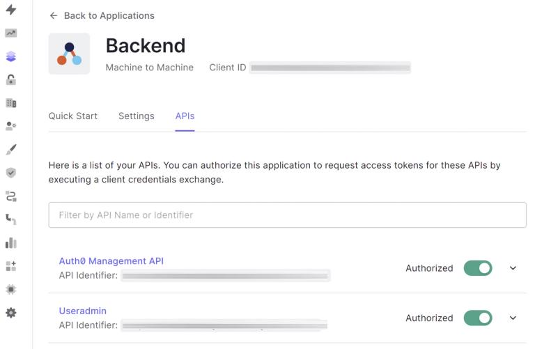 Skjermbilde som viser Auth0 Backend-applikasjonen som har fått tilgang til Auth0 Management API og Useradmin API.