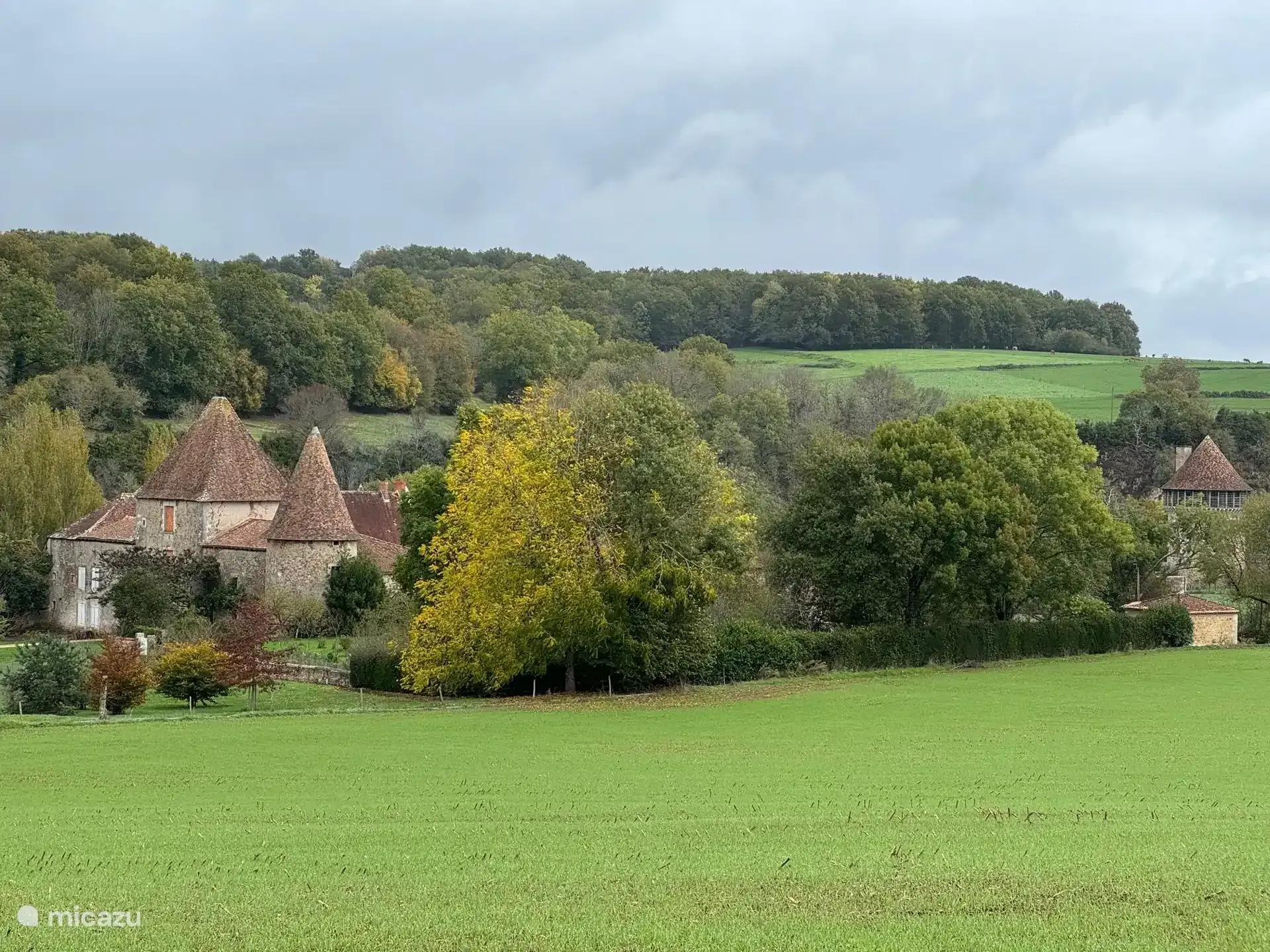 Glooiend landschap van de Charente met een kasteeltje tussen de bomen