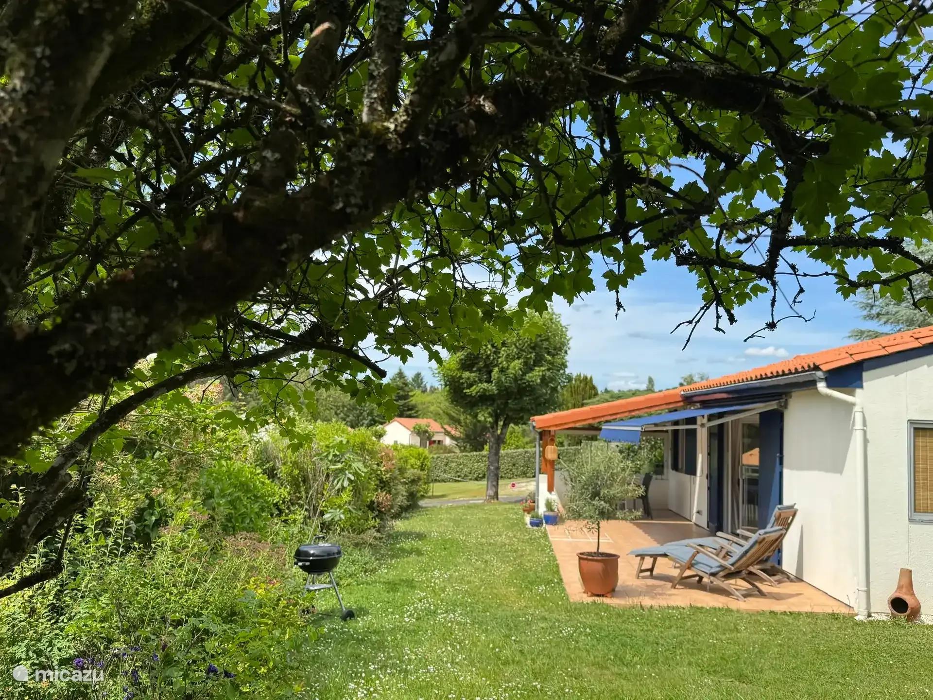 De vakantiebungalow gezien vanuit de tuin, onder een oude eik, met ligstoelen op het gras