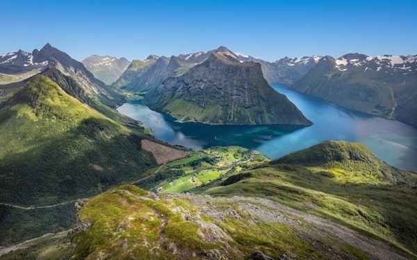 Hjørundfjord winding between steep alpine ridges
