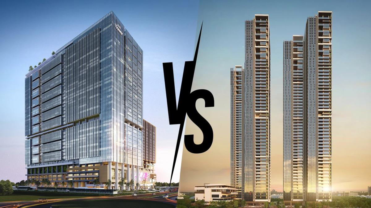 Comparison between commercial office buildings and residential high-rise apartments highlighting real estate differences.