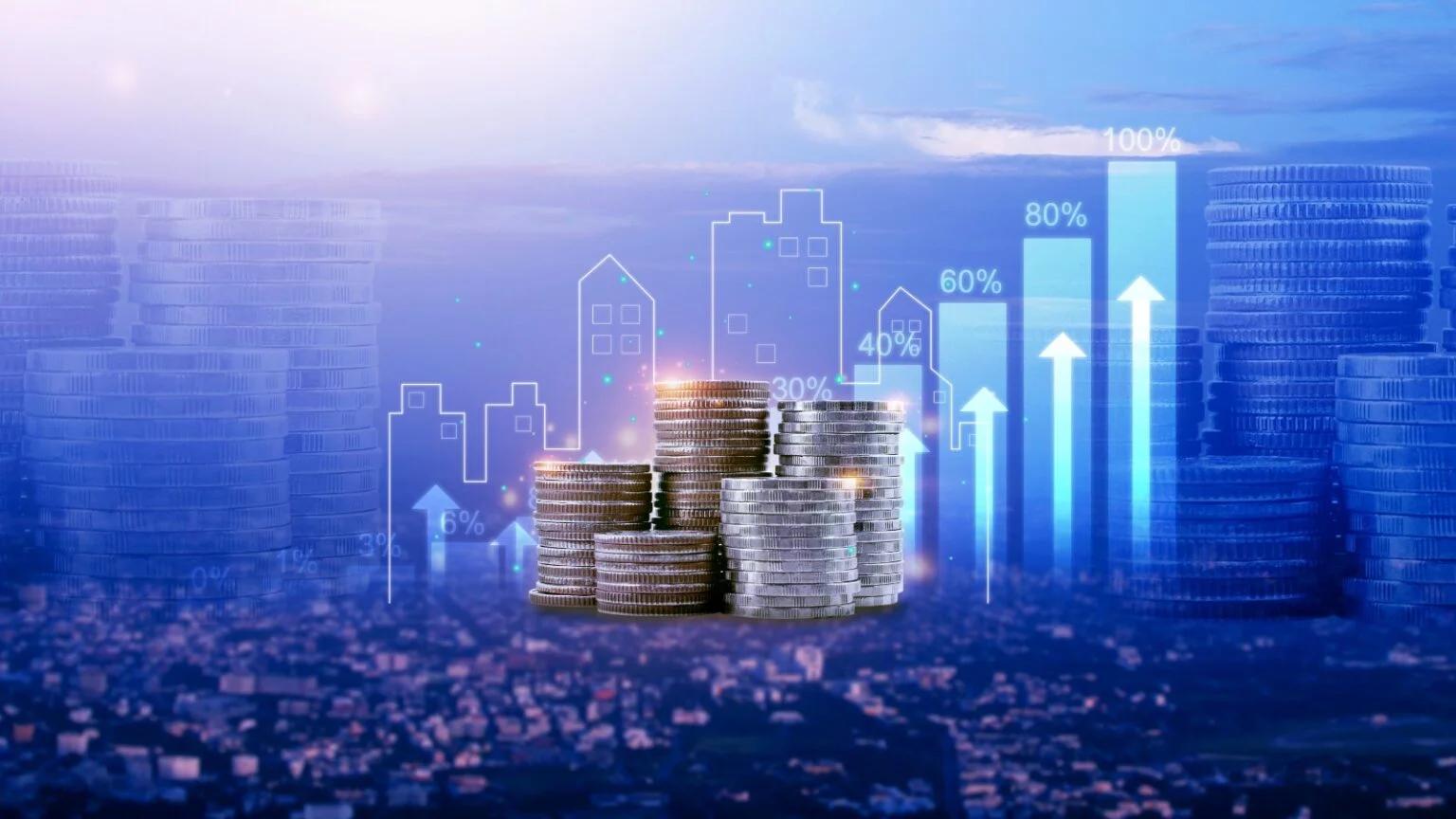 Stacks of coins with upward financial charts and city outlines, representing investment growth in real estate.