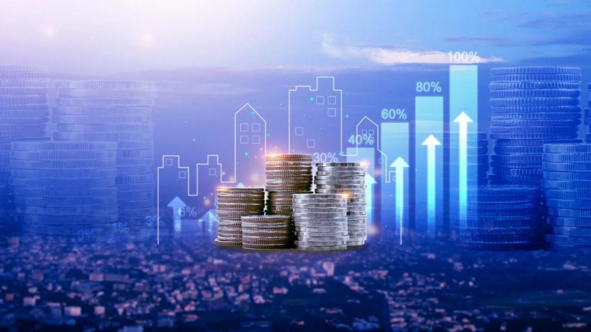 Stacks of coins with upward financial charts and city outlines, representing investment growth in real estate.